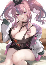 Rule 34 | 1girl, absurdres, azur lane, between breasts, breasts, bremerton (azur lane), bremerton (day-off date) (azur lane), choker, collar, denchu (kazudentyu), eyewear hang, unworn eyewear, hairband, highres, jacket, knees together feet apart, large breasts, looking at viewer, official alternate costume, open mouth, pink eyes, pink hair, red hair, sitting, solo, sunglasses, thick thighs, thighs, twintails, white background