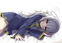 Rule 34 | 1girl, alternate costume, azur lane, blunt bangs, blush, breasts, buttons, closed mouth, commentary request, grey hair, highres, isobe eiji, jewelry, long hair, long sleeves, looking at viewer, lying, mole, mole under eye, on bed, on side, outstretched arm, pajamas, ring, sidelocks, small breasts, smile, solo, tattoo, wedding band, yellow eyes, z46 (azur lane)