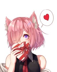 Rule 34 | 1girl, absurdres, animal ear fluff, animal ears, bare shoulders, black dress, breasts, cat ears, commentary, dress, fate/grand order, fate (series), heart, highres, holding, jacket, kishita yuu, large breasts, mash kyrielight, necktie, purple eyes, red necktie, red ribbon, ribbon, simple background, solo, valentine, white background, white jacket
