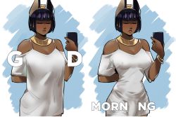 Rule 34 | 1girl, absurdres, animal ears, arm behind back, bangle, black hair, blunt bangs, blush, bob cut, bracelet, breasts, brown lips, bulge, closed eyes, covered erect nipples, dark-skinned female, dark skin, dress, egyptian, elizabeth (skullworms), english text, futanari, gold hairband, hairband, highres, jackal ears, jewelry, large breasts, lips, loose clothes, meme, multiple views, necklace, nose blush, off-shoulder dress, off shoulder, original, pajamas challenge (meme), pulled by self, selfie, short hair, skullworms, solo, spaghetti strap, standing, taut clothes, two-sided dress, two-sided fabric, very short hair, white dress