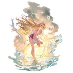 Rule 34 | 1girl, bikini, bird, blonde hair, blue eyes, day, flower, granblue fantasy, jeanne d&#039;arc (granblue fantasy), long hair, looking at viewer, official art, open mouth, shoes, unworn shoes, single shoe, solo, standing, standing on one leg, swimsuit, transparent background, white footwear