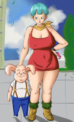 Rule 34 | 1boy, 1girl, bald, blue eyes, blue hair, blue pants, boots, breasts, bulma, cleavage, condom, condom wrapper, dragon ball, dragonball z, dress, earrings, full body, hand on another&#039;s head, highres, jewelry, large breasts, oolong, panarandom, pants, pig, red dress, shirt, standing, suspenders, thigh grab, white shirt