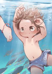 Rule 34 | 2boys, :t, absurdres, anklet, armpits, arms up, barefoot, bird, blue male swimwear, blue swim trunks, blush, brown hair, child, feet, highres, jewelry, male focus, male swimwear, multiple boys, navel, nipples, original, paw print, paw print pattern, penguin, print male swimwear, print swim trunks, print swimsuit, short hair, swim trunks, swimsuit, tan, tanline, topless male, underwater, yuanyuan