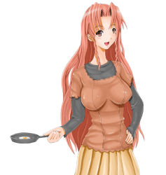 Rule 34 | 00s, 1girl, :d, braid, breasts, brown skirt, egg, frying pan, hand on own hip, large breasts, long hair, looking at viewer, mahou sensei negima!, naba chizuru, open mouth, pink hair, pleated skirt, red eyes, red hair, simple background, skirt, smile, solo, twin braids, very long hair, white background