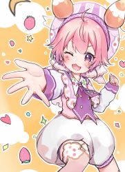 Rule 34 | 1girl, ;3, ;d, ahoge, blush, bubble skirt, commentary request, crescent, facial mark, food, fruit, hat, head tilt, heart, highres, long sleeves, looking at viewer, nijisanji, one eye closed, open mouth, outstretched arm, pink hair, pink hat, puffy long sleeves, puffy sleeves, purple eyes, purple neckwear, racchi., short hair, skirt, sleeves past wrists, smile, solo, star (symbol), strawberry, ushimi ichigo, v-shaped eyebrows, virtual youtuber, white skirt