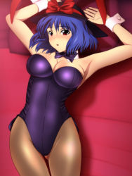 Rule 34 | 1girl, armpits, arms up, black hat, black pantyhose, blush, bow, bowtie, breasts, cleavage, detached collar, gluteal fold, hat, hat bow, hat ribbon, leotard, looking at viewer, medium breasts, nagae iku, open mouth, pantyhose, playboy bunny, purple bow, purple bowtie, purple leotard, red bow, red eyes, red ribbon, ribbon, strapless, strapless leotard, thighs, touhou, traditional bowtie, wrist cuffs, yadokari genpachirou