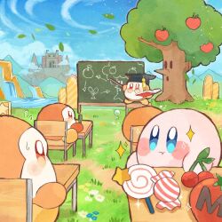 Rule 34 | :t, apple, blue eyes, blue flower, blue sky, blush, blush stickers, book, brown eyes, candy, castle, castle dedede, chair, chalkboard, cherry, closed mouth, cloud, commentary, day, desk, flower, flying sweatdrops, food, fruit, glasses, grass, guarani (muku 6930), hat, highres, holding, holding book, holding pencil, holding pointer, invincible candy, kirby, kirby (series), leaf, lollipop, maxim tomato, mortarboard, mountain, mountainous horizon, nintendo, no humans, open book, outdoors, pencil, pointer, round eyewear, school chair, school desk, sitting, sky, sparkle, star block, sweatdrop, swirl lollipop, symbol-only commentary, tassel, teacher, tree, v-shaped eyebrows, waddle dee, water, waterfall, whispy woods, white flower, yellow flower