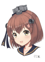 Rule 34 | anchor symbol, black sailor collar, brown eyes, brown hair, cropped torso, headgear, highres, jiji (aardvark) (style), kantai collection, looking at viewer, open mouth, parody, ribbon, sailor collar, short hair, simple background, smile, speaking tube headset, style parody, upper body, white background, yuki 4040, yukikaze (kancolle), yukikaze kai ni (kancolle)