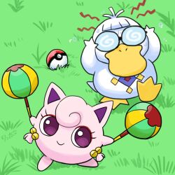 Rule 34 | 2others, beak, bird, chui (weapon), coke-bottle glasses, colored skin, cosplay, creatures (company), duck, feathers, game freak, gen 1 pokemon, glasses, hair ornament, hands on own head, holding, holding weapon, jigglypuff, jigglypuff (cosplay), mousse (ranma 1/2), multiple others, nintendo, on grass, pink skin, poke ball, pokemon, psychic (pokemon move), psyduck, psyduck (cosplay), purple eyes, ranma 1/2, shampoo (ranma 1/2), smile, tail, wanta (futoshi), weapon, white feathers