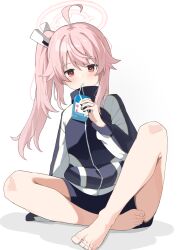 Rule 34 | 1girl, ahoge, alternate costume, barefoot, blue archive, blue jacket, blue shorts, commentary request, crossed legs, drinking, halo, highres, holding, holding carton, jacket, long hair, looking at viewer, milk carton, natsu (blue archive), pink hair, pink halo, red eyes, shorts, side ponytail, simple background, sitting, solo, track jacket, white background, yoimura