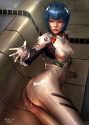 Rule 34 | 1girl, artist name, ass, ayanami rei, bad id, bad pixiv id, blue eyes, blue hair, bodysuit, breasts, character name, cum, cum on clothes, cum on hands, cum string, dcwj, highres, matching hair/eyes, medium breasts, neon genesis evangelion, nipples, plugsuit, realistic, red eyes, see-through, shiny clothes, short hair, skin tight, solo, thighs, translated