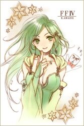Rule 34 | 1girl, aged up, amazio komeko, breasts, cape, cleavage, closed mouth, detached sleeves, earrings, final fantasy, final fantasy iv, green eyes, green hair, hair ornament, jewelry, large breasts, long hair, looking at viewer, medium breasts, rydia (ff4), smile, solo, white background