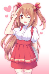 Rule 34 | 1girl, ;d, anna miller, arm behind back, arm up, blush, breasts, brown eyes, commentary request, fingernails, gradient background, gucchiann, hair between eyes, hair ribbon, heart, high-waist skirt, highres, holding, holding tray, light brown hair, long hair, medium breasts, nozomi (princess connect!), one eye closed, open mouth, outline, pink background, plaid, plaid ribbon, pleated skirt, princess connect!, puffy short sleeves, puffy sleeves, red outline, red ribbon, red skirt, ribbon, shirt, short sleeves, skindentation, skirt, smile, solo, suspender skirt, suspenders, thighhighs, tray, two side up, uniform, v, very long hair, waitress, white background, white shirt, white thighhighs
