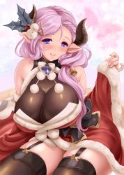 Rule 34 | bare shoulders, bell, blue eyes, blush, breasts, brooch, brown thighhighs, cosplay, detached sleeves, draph, fur trim, granblue fantasy, hair bell, hair ornament, hair over shoulder, holly hair ornament, horns, huge breasts, jewelry, laruna (granblue fantasy), leotard, long hair, mature female, narmaya (granblue fantasy), narmaya (granblue fantasy) (cosplay), pink hair, pointy ears, pom pom (clothes), santa costume, see-through, see-through leotard, sitting, sleeves past wrists, smile, snowman hair ornament, solo, suzuki sakura, thick thighs, thighhighs, thighs, very long hair, wide sleeves, zettai ryouiki