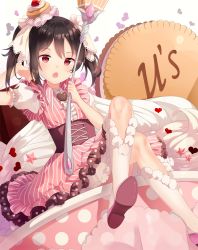Rule 34 | 10s, 1girl, :o, bad id, bad pixiv id, black hair, dress, food, food-themed hair ornament, group name, hair ornament, hair ribbon, hat, hitsukuya, love live!, love live! school idol festival, love live! school idol project, open mouth, oversized object, pink dress, pinstripe pattern, polka dot, puffy short sleeves, puffy sleeves, red eyes, ribbon, shoes, short sleeves, solo, striped, twintails, white legwear, yazawa nico