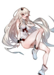 Rule 34 | 10s, 1girl, abyssal ship, airfield princess, ankle boots, bare legs, boots, breasts, covered erect nipples, horns, kantai collection, long hair, looking at viewer, pale skin, pink eyes, simple background, smile, solo, very long hair, white background, white footwear, white hair, zuizi