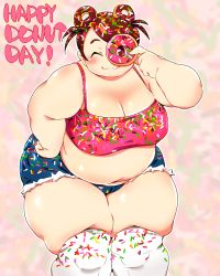 Rule 34 | 1girl, bare shoulders, breasts, brown eyes, brown hair, cleavage, doughnut, fat, food, highres, large breasts, looking at viewer, one eye closed, short hair, smile, solo, sprinkles, squarewave, thick thighs, thighs, wink