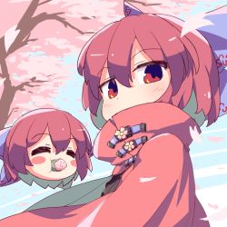 Rule 34 | 1girl, blush stickers, bow, cape, cherry blossoms, commentary request, day, disembodied head, eating, closed eyes, food, food in mouth, hair bow, high collar, isu (is88), looking at viewer, outdoors, petals, purple bow, red eyes, red hair, sakura mochi, sekibanki, short hair, solo, touhou, tree, wagashi
