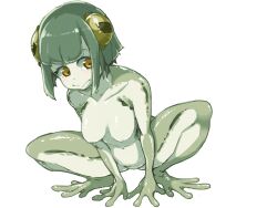 Rule 34 | 1girl, :&gt;, blush, breasts, closed mouth, colored skin, completely nude, frfr, frog girl, full body, green hair, highres, horizontal pupils, medium breasts, monster girl, multicolored skin, nude, original, short hair, simple background, solo, webbed hands, white background, yellow eyes