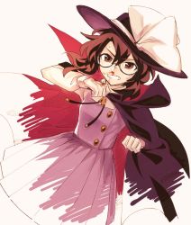 Rule 34 | 1girl, black hat, black neckwear, blood, bow, brown eyes, brown hair, buttons, cloak, closed mouth, dress, glasses, gloves, hair between eyes, hand up, hat, hat bow, highres, holding, long sleeves, pink dress, purple cloak, shikido (khf), shirt, short hair, solo, teeth, touhou, usami sumireko, white bow, white cloak, white dress, white gloves, white shirt, white sleeves