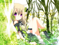 Rule 34 | 1girl, against tree, bare shoulders, blonde hair, bow, bug, butterfly, clenched hand, dress, expressionless, floral background, forest, frilled skirt, frills, from side, full body, green theme, hair between eyes, hair bow, highres, insect, leaf, long hair, looking at viewer, nana kusun, nature, original, parted lips, puffy short sleeves, puffy sleeves, purple eyes, short sleeves, skirt, solo, tareme, thighs, tree