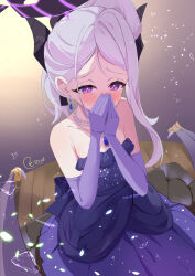Rule 34 | 1girl, absurdres, bead necklace, beads, blue archive, blush, breasts, covering own mouth, demon girl, demon horns, demon wings, dress, earrings, elbow gloves, gloves, grey hair, highres, hina (blue archive), hina (dress) (blue archive), horns, jewelry, looking at viewer, necklace, official alternate costume, purple dress, purple eyes, purple gloves, reitou mkn, single earring, small breasts, solo, wings