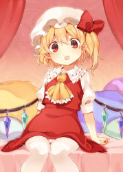 Rule 34 | 1girl, akagashi hagane, ascot, bed, blonde hair, bow, flandre scarlet, hair bow, hat, looking at viewer, mob cap, on bed, pantyhose, pillow, pointy ears, puffy sleeves, red bow, red eyes, red skirt, sitting, skirt, skirt set, solo, tongue, tongue out, touhou, vest, white pantyhose, wings