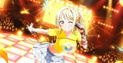 Rule 34 | 1girl, ;), arm ribbon, artist name, artist request, blonde hair, blush, bracelet, breasts, brown eyes, checkered clothes, checkered skirt, collarbone, female focus, grey skirt, hair between eyes, high ponytail, holding, holding microphone, jewelry, long hair, looking at viewer, love live!, love live! nijigasaki high school idol club, love live! school idol festival, love live! school idol festival all stars, medium breasts, microphone, miniskirt, miyashita ai, one eye closed, orange eyes, parted lips, petals, plaid, plaid skirt, pleated, pleated skirt, ponytail, ribbon, shirt, short sleeves, side ponytail, skirt, smile, solo, stage, stage lights, teeth, yellow eyes, yellow petals, yellow shirt