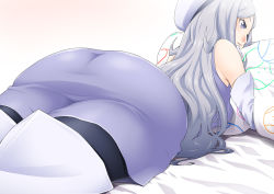 Rule 34 | 10s, 1girl, aila jyrkiainen, ass, bare shoulders, bed, blush, boots, breast press, breasts, dress, elbow gloves, from behind, gloves, gundam, gundam build fighters, hat, highres, hornet (artist), huge ass, legs, long hair, looking away, lying, on stomach, pantyhose, pillow, pillow grab, purple eyes, simple background, smile, solo, thigh boots, thighhighs, thighs, white hair
