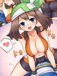 Rule 34 | 00s, 1boy, 1girl, :d, :o, alternate color, alternate costume, ash ketchum, ass, ass grab, assertive female, bandana, bike shorts, black hair, blue eyes, blush, breasts, brown hair, bursting breasts, cameltoe, chro (rulurullu), cleavage, collarbone, collared shirt, comic, couple, covered erect nipples, cowgirl position, creatures (company), denim, dry humping, femdom, fingerless gloves, game freak, girl on top, gloves, green bandanna, happy, head out of frame, heart, heartbeat, hetero, highres, humping, imminent kiss, jacket, jeans, knees, large breasts, looking at viewer, may (pokemon), may (pokemon emerald), navel, neck, nintendo, no bra, open clothes, open mouth, open shirt, orange shirt, pants, pokemon, pokemon (anime), pokemon dppt (anime), pokemon emerald, pokemon rse, pov, sex, shirt, short hair, shorts, sitting, sitting on person, skin tight, sleeveless, sleeveless shirt, smile, solo focus, spiked hair, spoken heart, spread legs, straddling, sweat, sweatdrop