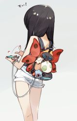 Rule 34 | 10s, 1girl, amiami, backpack, bag, black hair, creatures (company), female focus, from behind, game freak, gen 5 pokemon, highres, nintendo, phone, poke ball, pokemon, pokemon (creature), pokemon go, short shorts, shorts, simple background, solo, thigh gap, volcarona, white background, woobat