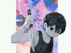 Rule 34 | 1boy, absurdres, antenna hair, arm at side, bare shoulders, black eyes, black hair, black tank top, closed mouth, collarbone, colored skin, expressionless, hair between eyes, highres, holding, holding knife, kitchen knife, knife, male focus, no pupils, omori, omori (omori), short hair, sleeveless, solo, tank top, toukashi (2tou9), white skin