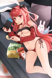 Rule 34 | 1girl, absurdres, animal ears, bandeau, bare shoulders, bikini, bow, breasts, chips (food), commission, couch, detached sleeves, dungeon and fighter, food, hair bow, highres, holding, jewelry, long hair, long sleeves, looking at viewer, lying, mage (dungeon and fighter), medium breasts, mouth hold, navel, necklace, nintendo switch, on couch, on side, potato chips, rabbit ears, red bikini, red eyes, red hair, side-tie bikini bottom, skeb commission, solo, stomach, strapless, string bikini, swimsuit, thighs, tube top, two side up, underboob, very long hair, working slave (character), yunamaro