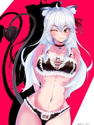 Rule 34 | 1girl, :3, absurdres, ahoge, animal ears, arms behind back, bell, black bra, black choker, black panties, black tail, bra, cat ears, choker, closed mouth, commentary, commission, cowboy shot, demon tail, dutch angle, english commentary, frilled bra, frilled panties, frills, grey hair, groin, highres, lingerie, long hair, looking at viewer, navel, neck bell, one eye closed, original, panties, red eyes, shadow, skeb commission, smile, solo, standing, tail, twitter username, underwear, underwear only, virtual youtuber, yoko hata
