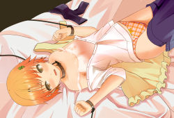 Rule 34 | 1girl, apron, bare shoulders, bdsm, bed sheet, blush, bondage, bound, bow, bow panties, bra, breasts, clothes pull, collarbone, cuffs, hair ornament, inami mahiru, leash, lying, matsumoto ryou, nipples, on back, open clothes, open mouth, orange eyes, orange hair, panties, plaid, plaid panties, rope, shirt, short hair, skirt, skirt pull, slave, small breasts, solo, strap slip, tears, transparent, underwear, uniform, waitress, working!!