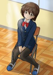 Rule 34 | 1girl, between legs, black pantyhose, blue jacket, blue skirt, bow, bowtie, brown eyes, brown hair, full body, getabako, hand between legs, head tilt, highres, indoors, jacket, kunounaoki, looking at viewer, on chair, original, pantyhose, plaid bow, plaid bowtie, plaid clothes, pleated skirt, red bow, red bowtie, school uniform, shirt, short hair, skirt, solo, white shirt, wooden floor