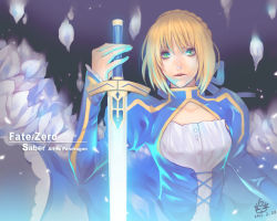 Rule 34 | 1girl, ahoge, artoria pendragon (fate), blonde hair, character name, copyright name, dated, dress, excalibur (fate/stay night), fate/zero, fate (series), flower, glowing, glowing sword, glowing weapon, green eyes, hair ribbon, lips, petals, realistic, ribbon, saber (fate), signature, solo, sword, syusuke0229, weapon