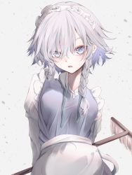 Rule 34 | 1girl, apron, blue eyes, braid, broom, frills, grey background, grey hair, hair over eyes, highres, holding, holding broom, izayoi sakuya, looking at viewer, maid headdress, neck ribbon, parted lips, short hair with long locks, simple background, solo, touhou, tsune (tune), twin braids, undone neck ribbon, upper body, wing collar