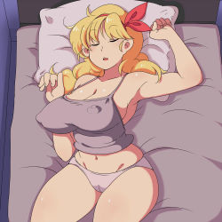 Rule 34 | 1girl, aaa (nisetsuru), arm up, armpits, bare arms, bare legs, bare shoulders, bed, blonde hair, breasts, cameltoe, cleft of venus, dragon ball, covered erect nipples, closed eyes, from above, groin, hair ribbon, indoors, large breasts, legs, long hair, lunch (dragon ball), lying, midriff, navel, panties, parted lips, pillow, ribbon, sleeping, solo, tank top, thighs, underwear