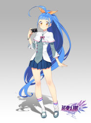Rule 34 | 1girl, :d, ahoge, arm at side, armband, blue hair, blue skirt, blush, bow, breasts, brown eyes, camera, capelet, character request, copyright name, full body, grey background, grey footwear, hair bow, hand up, high ponytail, highres, huge ahoge, kushabiria, long hair, looking at viewer, noah fantasy, official art, open mouth, orange bow, skirt, small breasts, smile, socks, solo, standing, very long hair, watermark, white capelet