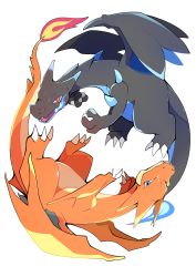 Rule 34 | azuma minatsu, blue eyes, blue fire, breath weapon, charizard, closed mouth, commentary request, creatures (company), fire, flame-tipped tail, full body, game freak, gen 1 pokemon, grey background, highres, looking at viewer, mega charizard x, mega charizard y, mega pokemon, nintendo, no humans, open mouth, pokemon, pokemon (creature), red eyes, simple background