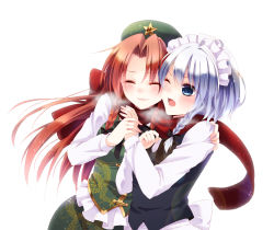Rule 34 | 2girls, apron, blue dress, blue eyes, braid, chinese clothes, chitose (usacan), dragon print, dress, holding hands, hong meiling, izayoi sakuya, long hair, long sleeves, looking at another, maid apron, maid headdress, multiple girls, one eye closed, open mouth, parted bangs, puffy long sleeves, puffy sleeves, red hair, scarf, shirt, short hair, silver hair, tangzhuang, touhou, twin braids, white shirt