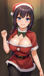 Rule 34 | 1girl, :d, belt, black belt, black hair, black pantyhose, blue eyes, bow, bowtie, breasts, cleavage, commentary request, green bow, green bowtie, hat, large breasts, looking at viewer, menyoujan, merry christmas, multicolored hair, open mouth, original, pantyhose, purple hair, santa costume, santa hat, short sleeves, signature, smile, solo, streaked hair, striped bow, striped bowtie, striped clothes