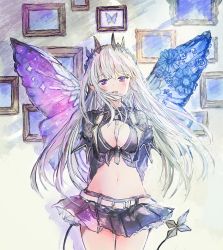 Rule 34 | 1girl, :d, arms behind back, asymmetrical wings, belt, between breasts, black shirt, blue flower, blush, breasts, butterfly wings, camomi, cleavage, commentary request, cowboy shot, crop top, cropped jacket, flower, grey necktie, headgear, highres, honey strap, insect wings, jacket, long hair, long sleeves, looking at viewer, medium breasts, midriff, miniskirt, mismatched wings, nanashi inc., navel, necktie, open clothes, open jacket, open mouth, photo (object), picture frame, pleated skirt, purple eyes, purple skirt, shirt, short necktie, sidelocks, silver hair, sketch, skirt, smile, solo, sougetsu eli, standing, stomach, tail, thighs, virtual youtuber, wing collar, wings