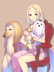 Rule 34 | 1girl, afghan hound, animal, armchair, blonde hair, bracelet, breasts, brown background, chair, cleavage, closed mouth, clothing cutout, dog, dress, enkyo yuuichirou, feet out of frame, highres, hisho collection, holding, holding animal, holding dog, jewelry, lhasa apso, long dress, long hair, looking at viewer, medium breasts, necklace, pink dress, red eyes, side cutout, simple background, smile