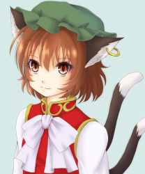 Rule 34 | 1girl, :3, animal ears, blue background, bow, brown hair, cat ears, cat girl, cat tail, chen, earrings, female focus, hat, jewelry, long sleeves, looking at viewer, mitsucho, mob cap, multiple tails, red eyes, short hair, simple background, single earring, slit pupils, solo, tail, touhou, upper body, vest