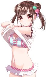 Rule 34 | 1girl, bad id, bad pixiv id, bikini, bikini under clothes, blush, breasts, brown hair, cleavage, clothes lift, double bun, food-themed hair ornament, hair bun, hair ornament, highres, idolmaster, idolmaster shiny colors, large breasts, lifting own clothes, long hair, looking at viewer, macaron hair ornament, misumi (macaroni), open mouth, pink bikini, red eyes, shirt, shirt lift, short twintails, simple background, solo, sonoda chiyoko, swimsuit, twintails, white shirt