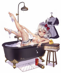 Rule 34 | 1girl, absurdres, artist request, bad id, bad pixiv id, barefoot, bathing, bathtub, beer can, bow, bridal garter, can, commentary request, drink can, feet, hair between eyes, hair bow, highres, korean commentary, looking at viewer, original, pn (wnsl216), red bow, red eyes, rubber duck, solo, towel, white background