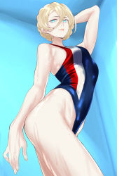 Rule 34 | 1girl, arm behind head, black one-piece swimsuit, blonde hair, blue eyes, commentary request, competition swimsuit, from below, hair between eyes, highleg, highleg swimsuit, highres, kantai collection, mole, mole under eye, mole under mouth, multicolored clothes, multicolored swimsuit, one-piece swimsuit, richelieu (kancolle), shingyou (alexander-13), solo, swimsuit, thighs, wet