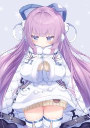 Rule 34 | 1girl, :t, animal ears, aran sweater, azur lane, blue eyes, blush, brown sweater, cable knit, chain, closed mouth, coat, commentary request, dress, fake animal ears, fur-trimmed coat, fur trim, grey background, hair ornament, hair ribbon, highres, kokone (coconeeeco), long hair, long sleeves, looking at viewer, pout, purple hair, ribbon, sad, shirt, simple background, sleeves past fingers, sleeves past wrists, snowflake background, solo, sweater, tashkent (azur lane), thighhighs, very long hair, white coat, white thighhighs